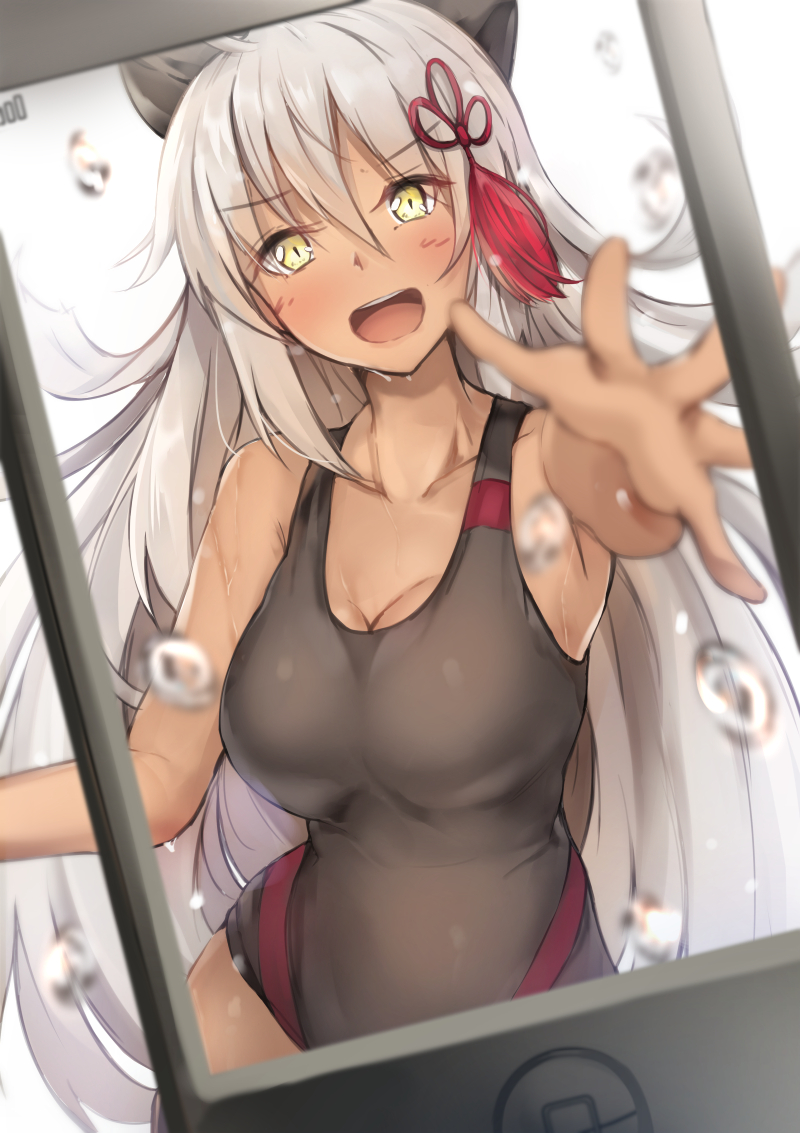 :d black_legwear black_swimsuit breasts cellphone cleavage collarbone commentary_request dark_skin eyebrows_visible_through_hair fate/grand_order fate_(series) grey_hair hair_between_eyes long_hair looking_at_viewer medium_breasts nakatokung okita_souji_(alter)_(fate) okita_souji_(fate)_(all) one-piece_swimsuit open_mouth outstretched_arm phone smile solo splashing swimsuit thighhighs very_long_hair water_drop yellow_eyes