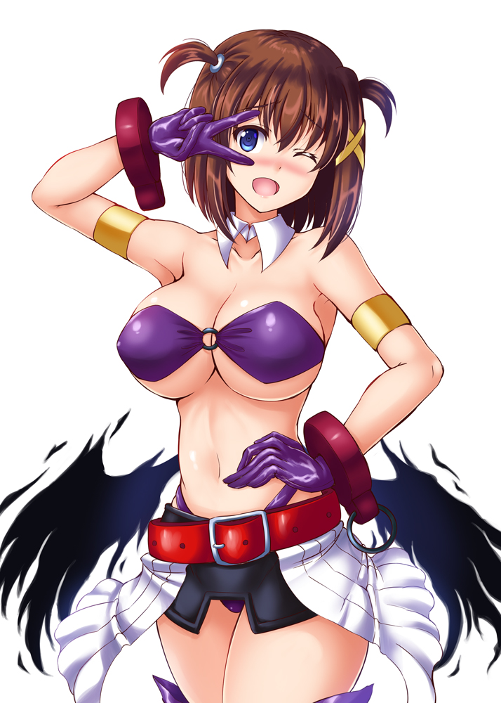 ;d agito_(nanoha) agito_(nanoha)_(cosplay) armlet bandeau belt blue_eyes blush breasts cleavage collarbone commentary_request cosplay eyebrows_visible_through_hair gloves hand_on_own_chest large_breasts looking_at_viewer lyrical_nanoha magical_girl mahou_shoujo_lyrical_nanoha_strikers midriff navel o-ring one_eye_closed open_mouth panties purple_gloves purple_panties shiny shiny_hair shiny_skin short_hair simple_background skirt smile solo standing thighhighs thong two_side_up underboob underwear utanone_shion v v_over_eye white_background yagami_hayate