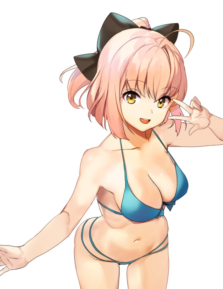 ahoge bikini black_bow blue_bikini bow breasts cleavage fate/grand_order fate_(series) hair_bow half_updo koha-ace looking_at_viewer medium_breasts navel okita_souji_(fate) okita_souji_(fate)_(all) outstretched_arm pink_hair shovelwell simple_background smile solo swimsuit v_over_eye white_background yellow_eyes