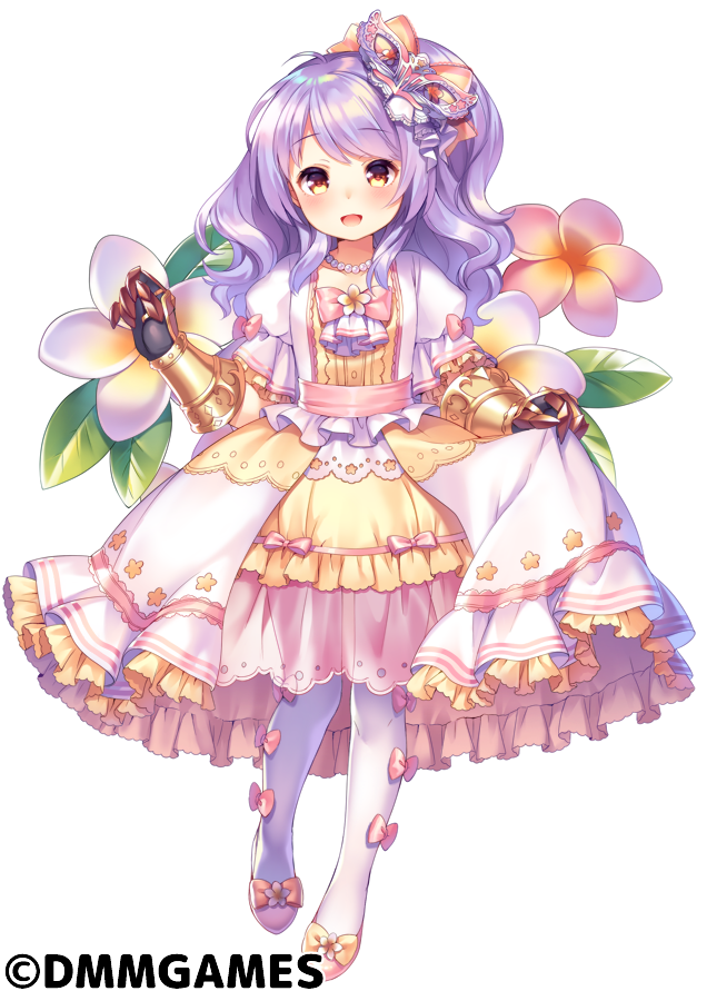 bead_necklace beads bow dress flower flower_knight_girl frills full_body gauntlets hair_bow jewelry layered_dress long_hair looking_at_viewer mask necklace object_namesake official_art pantyhose pink_bow plumeria_(flower_knight_girl) purple_hair shoe_bow shoes shouni_(sato3) skirt_hold smile solo standing white_legwear yellow_eyes