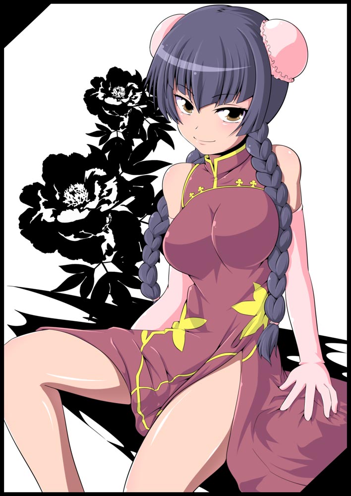 bare_arms bare_legs bare_shoulders black_border blunt_bangs border braid breasts bun_cover china_dress chinese_clothes commentary_request double_bun dress floral_background frame gundam gundam_00 hair_between_eyes large_breasts semikichi sitting twin_braids wang_liu_mei