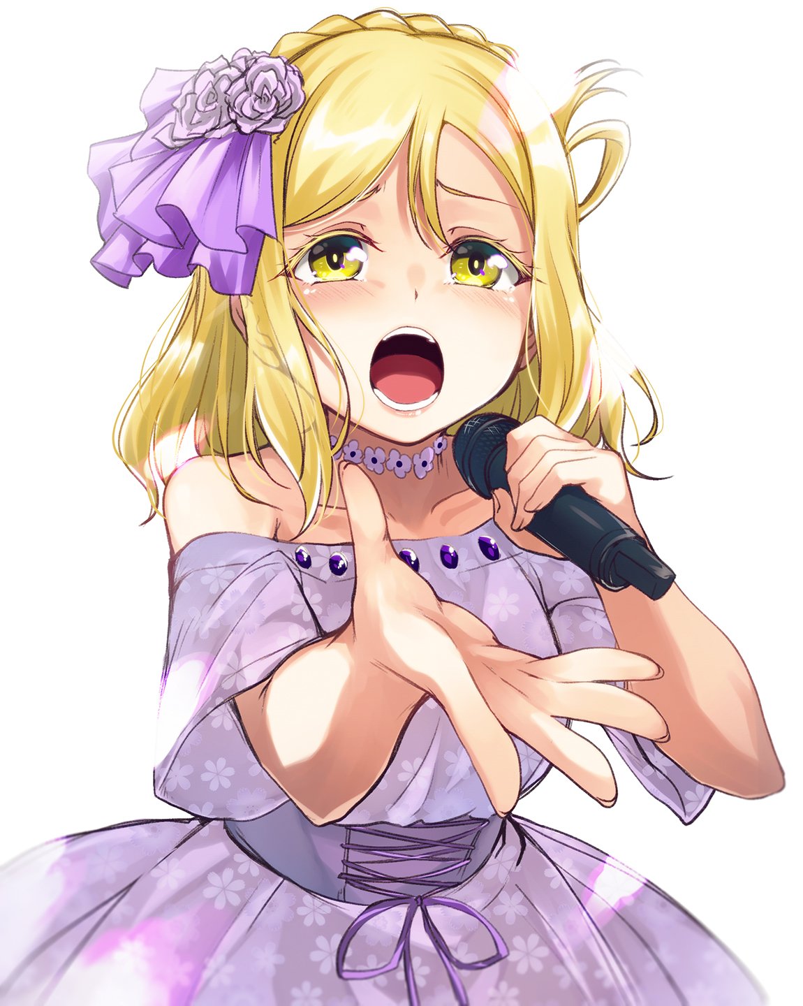 blonde_hair braid commentary_request corset crown_braid dress floral_print flower flower_necklace foreshortening hair_flower hair_ornament hair_rings highres holding holding_microphone jewelry love_live! love_live!_sunshine!! medium_hair microphone music nanotsuki necklace off-shoulder_dress off_shoulder ohara_mari open_mouth outstretched_hand print_dress purple_dress purple_flower singing solo tearing_up white_background yellow_eyes