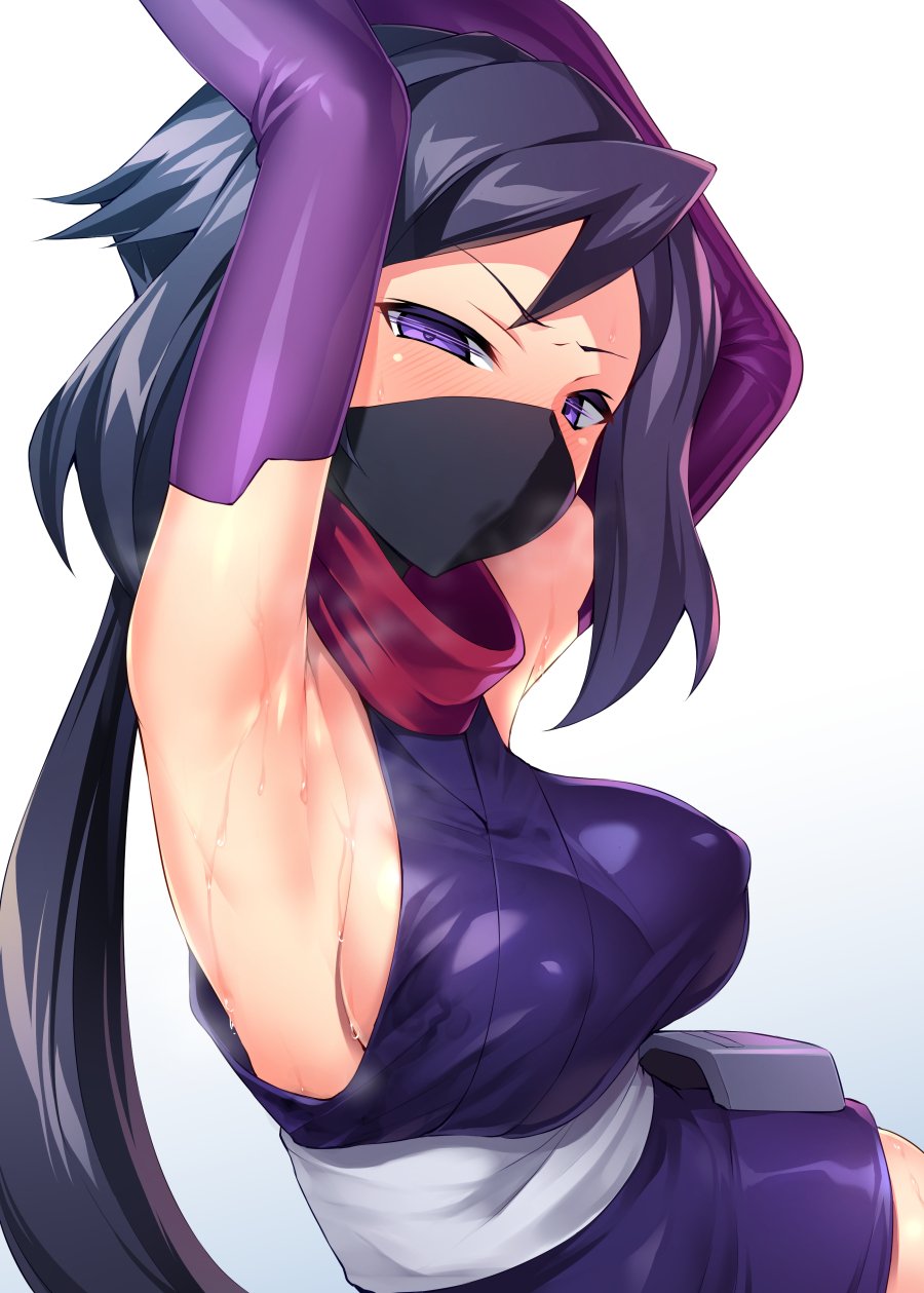 armpits arms_up ayame_(gundam_build_divers) blush breasts breath commentary_request covered_nipples dutch_angle elbow_gloves face_mask gloves gradient gradient_background gundam gundam_build_divers half-closed_eyes highres japanese_clothes kimono large_breasts low_ponytail mask ninja ninja_mask obi purple_eyes purple_gloves purple_hair sash satou_kuuki short_kimono sideboob sidelocks simple_background solo sweat