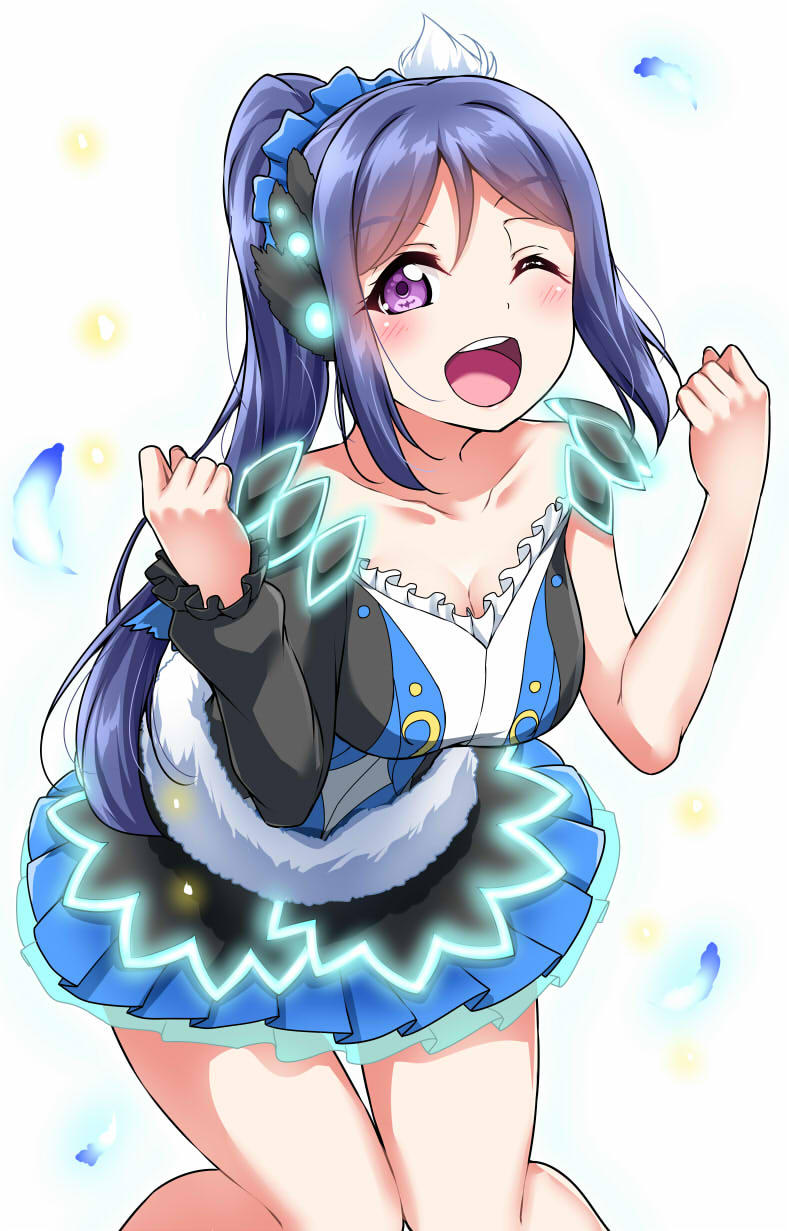 ;d black_feathers blue_feathers blue_hair blue_scrunchie blush breasts cleavage clenched_hands collarbone commentary_request eyebrows_visible_through_hair feathers frilled_sleeves frills fur_trim hair_feathers hands_up highres leaning_forward looking_at_viewer love_live! love_live!_sunshine!! matsuura_kanan medium_breasts neon_trim one_eye_closed open_mouth pleated_skirt purple_eyes round_teeth scrunchie single_sleeve skirt smile solo teeth upper_teeth water_blue_new_world yopparai_oni