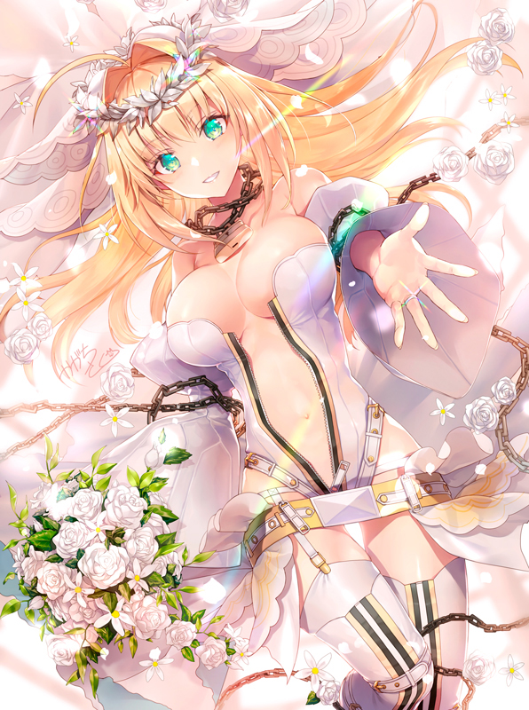 1girl ahoge bangs belt blonde_hair blush bouquet breasts bridal_veil bride buckle center_opening chains cleavage commentary_request detached_sleeves eyebrows_visible_through_hair fate/grand_order fate_(series) flower full-length_zipper garter_straps green_eyes hair_flower hair_intakes hair_ornament head_wreath holding holding_bouquet jewelry kagachi_saku large_breasts leotard lock long_hair looking_at_viewer loose_belt navel nero_claudius_(fate) nero_claudius_(fate)_(all) outstretched_hand padlock pink_flower reaching_out ring smile solo strapless strapless_leotard thighhighs unzipped veil wedding_band white_flower white_leotard zipper
