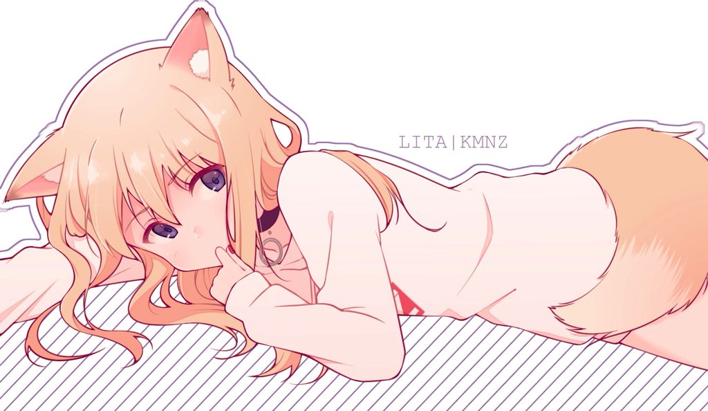 animal_ears blonde_hair character_name collar commentary_request dog_ears dog_tail hand_to_own_mouth hood hoodie kmnz kmnz_liz_(artist) long_hair lying mc_lita nail_polish no_hat no_headwear on_stomach red_nails tail virtual_youtuber