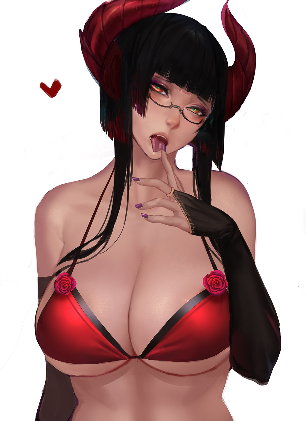 bikini bikini_top black_hair breasts bridal_gauntlets cleavage commentary eliza_(tekken) fangs finger_to_mouth glasses gtunver head_tilt heart highres horns looking_at_viewer multicolored_hair nail_polish naughty_face open_mouth purple_nails red_bikini red_bikini_top semi-rimless_eyewear simple_background slit_pupils solo swimsuit tekken tekken_7 tongue tongue_out two-tone_hair white_background