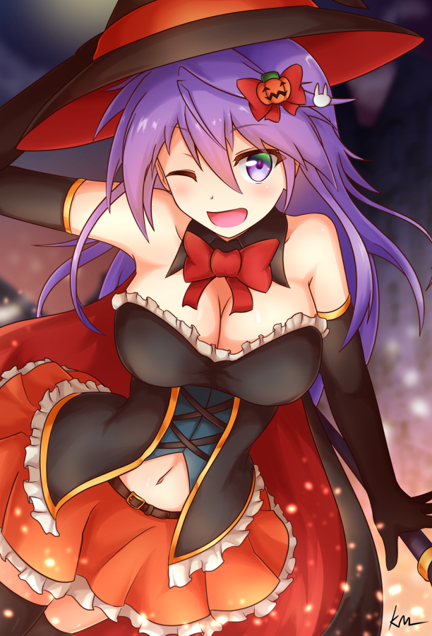 anemone_(flower_knight_girl) bare_shoulders blue_eyes blush breasts flower_knight_girl hair_ornament hairclip halloween hat kimukimu long_hair looking_at_viewer navel one_eye_closed open_mouth purple_eyes purple_hair smile solo witch witch_hat