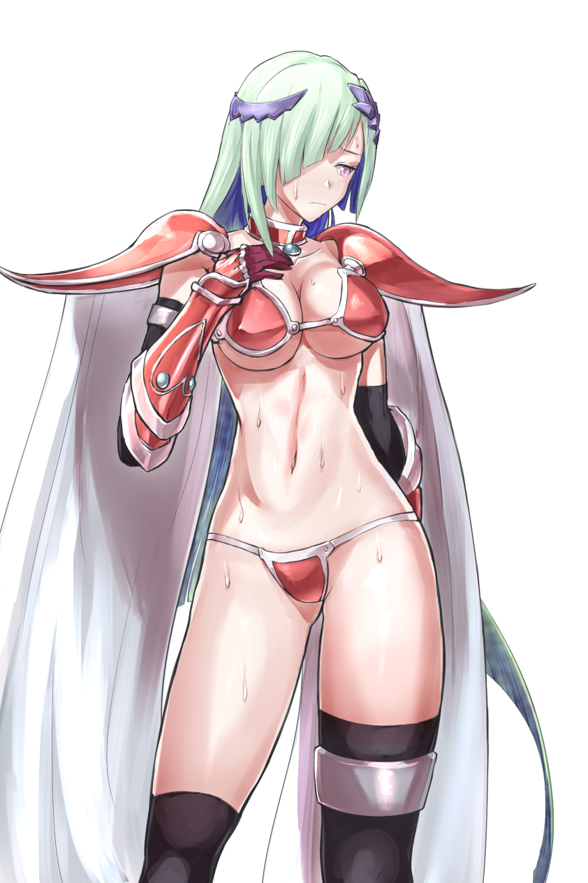 armor ass_visible_through_thighs bad_anatomy bikini_armor black_legwear breasts brynhildr_(fate) cape choker closed_mouth collarbone commentary_request cosplay cropped_legs depo_(typebaby505) elizabeth_bathory_(brave)_(fate) elizabeth_bathory_(brave)_(fate)_(cosplay) elizabeth_bathory_(fate)_(all) embarrassed fate/grand_order fate/prototype fate/prototype:_fragments_of_blue_and_silver fate_(series) gloves hair_over_one_eye hand_on_own_chest highres large_breasts long_hair looking_to_the_side navel pauldrons purple_eyes red_gloves silver_trim simple_background solo standing sweat thighhighs white_background white_cape white_hair