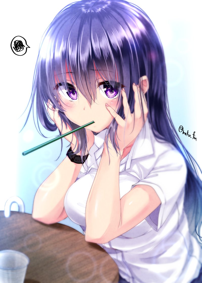 blue_background blush collared_shirt cup drinking_straw elbows_on_table gradient gradient_background hands_on_own_cheeks hands_on_own_face head_rest long_hair looking_at_viewer mokufuu mouth_hold original purple_eyes purple_hair shirt short_sleeves solo speech_bubble spoken_squiggle squiggle table twitter_username watch white_background white_shirt wristwatch