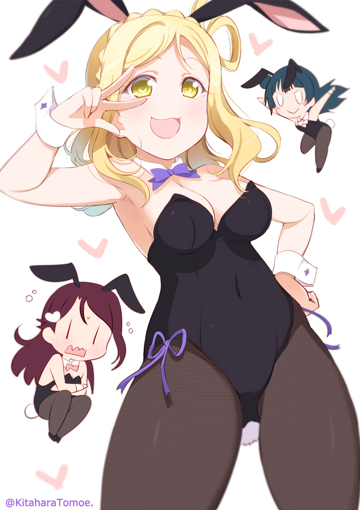 :&gt; :d \o/ animal_ears arms_up black_leotard blonde_hair blush_stickers bow bowtie braid breasts bunny_ears bunny_tail bunnysuit cleavage commentary_request cowboy_shot crossed_arms crown_braid detached_collar fishnet_pantyhose fishnets guilty_kiss_(love_live!) hair_rings hand_on_hip heart kitahara_tomoe_(kitahara_koubou) leotard looking_at_viewer love_live! love_live!_sunshine!! medium_breasts multiple_girls ohara_mari open_mouth outstretched_arms pantyhose purple_neckwear purple_ribbon ribbon sakurauchi_riko smile strapless strapless_leotard tail tsushima_yoshiko twitter_username w_over_eye wavy_mouth white_background wrist_cuffs yellow_eyes |_|