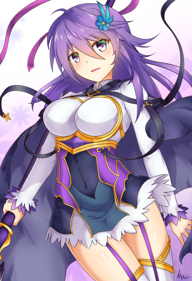anemone_(flower_knight_girl) armor blue_eyes blush breasts cloak flower flower_knight_girl hair_ornament kimukimu long_hair looking_at_viewer purple_hair smile solo thighhighs