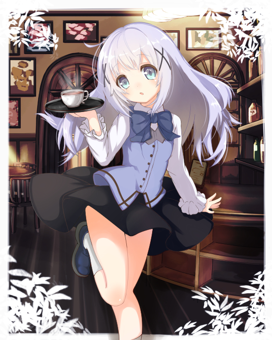 black_skirt blue_bow blue_eyes blue_footwear blue_neckwear bow bowtie card_(medium) eyebrows_visible_through_hair floating_hair gochuumon_wa_usagi_desu_ka? hair_between_eyes hair_ornament head_tilt indoors kafuu_chino leg_up long_hair looking_at_viewer miniskirt open_mouth rabbit_house_uniform shirt silver_hair skirt solo standing standing_on_one_leg uniform very_long_hair white_legwear white_shirt x_hair_ornament yuzuaji