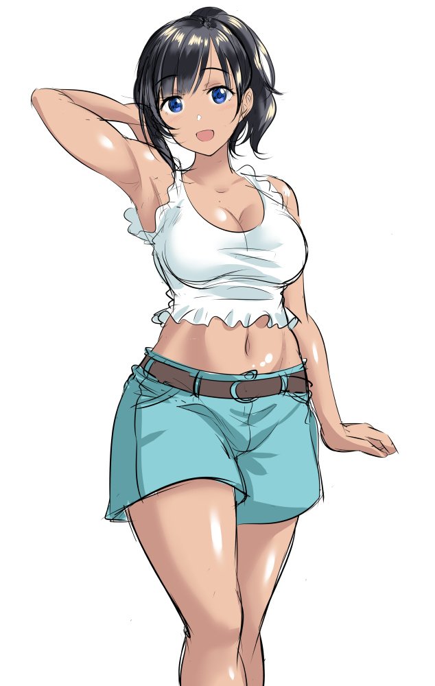 aqua_shorts bangs bare_legs bare_shoulders belt black_hair blue_eyes breasts brown_belt cleavage collarbone commentary commentary_request cowboy_shot crop_top dark_skin kasugano_tobari low-cut midriff navel open_mouth original short_hair shorts sidelocks simple_background sleeveless solo stomach swept_bangs white_background