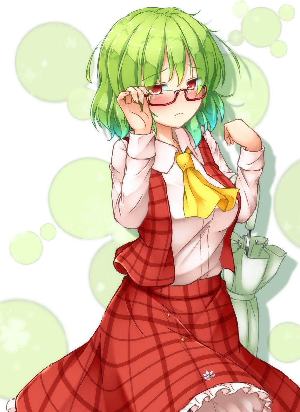 adjusting_eyewear aka_tawashi ascot bespectacled blush breasts circle commentary_request eyebrows_visible_through_hair feet_out_of_frame glasses green_hair hair_between_eyes hands_up highres kazami_yuuka long_sleeves looking_at_viewer medium_breasts petticoat plaid plaid_skirt plaid_vest red-framed_eyewear red_eyes red_skirt red_vest shirt short_hair silhouette skirt solo standing touhou umbrella vest white_background white_shirt wing_collar yellow_neckwear