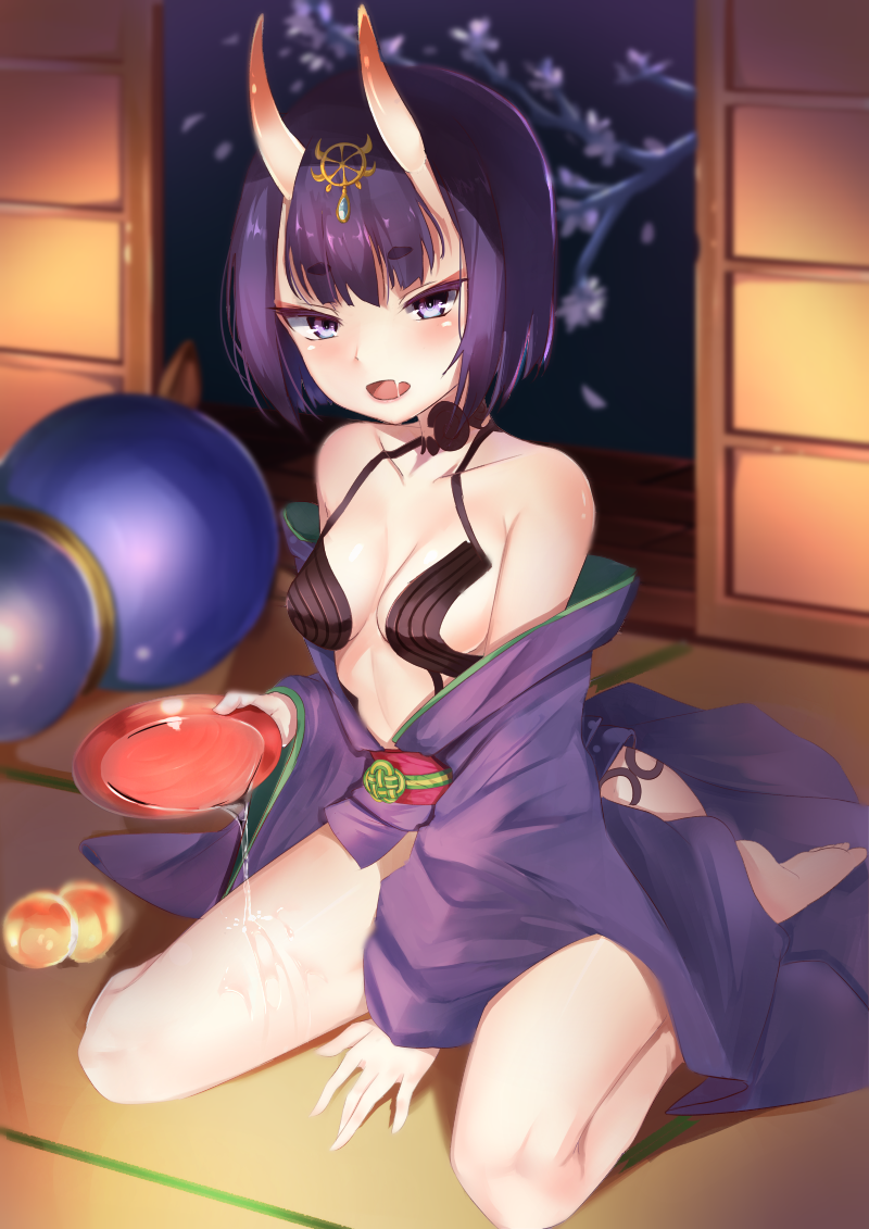 bangs barefoot between_legs blunt_bangs breasts cleavage cup eyebrows_visible_through_hair fate/grand_order fate_(series) hair_between_eyes hand_between_legs holding horns ilxodidli indoors japanese_clothes kimono kneeling looking_at_viewer open_clothes open_kimono open_mouth purple_eyes purple_hair purple_kimono sakazuki saliva saliva_trail short_hair shuten_douji_(fate/grand_order) sideboob small_breasts solo
