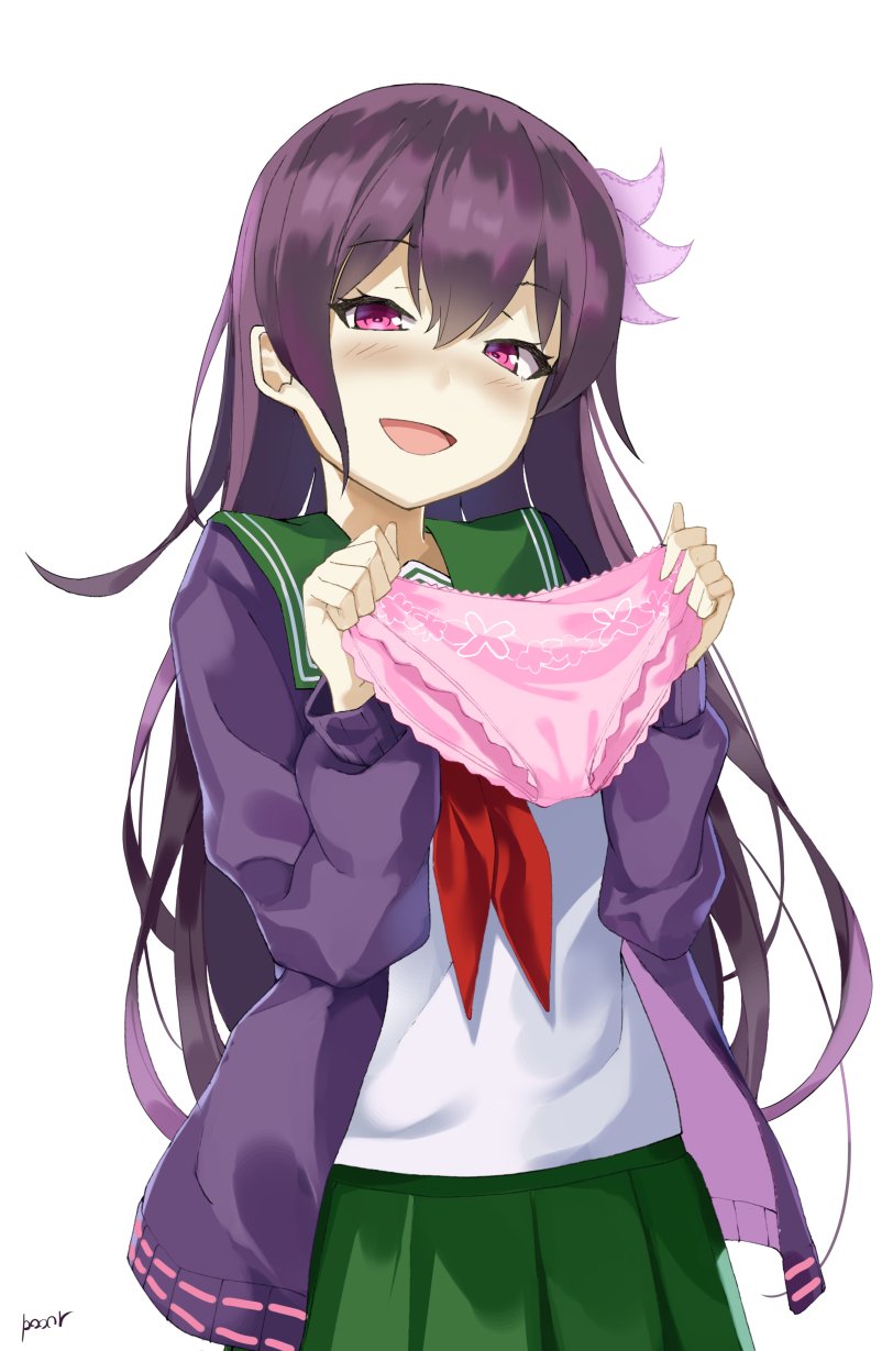 :d alternate_eye_color alternate_hair_color blush commentary_request crescent crescent_moon_pin eyebrows_visible_through_hair green_sailor_collar green_skirt hair_between_eyes hair_ornament highres holding holding_panties jacket kantai_collection kisaragi_(kantai_collection) long_hair looking_at_viewer neckerchief open_mouth panties pink_panties pleated_skirt pooor purple_hair purple_jacket red_eyes remodel_(kantai_collection) sailor_collar school_uniform serafuku simple_background skirt smile solo underwear white_background