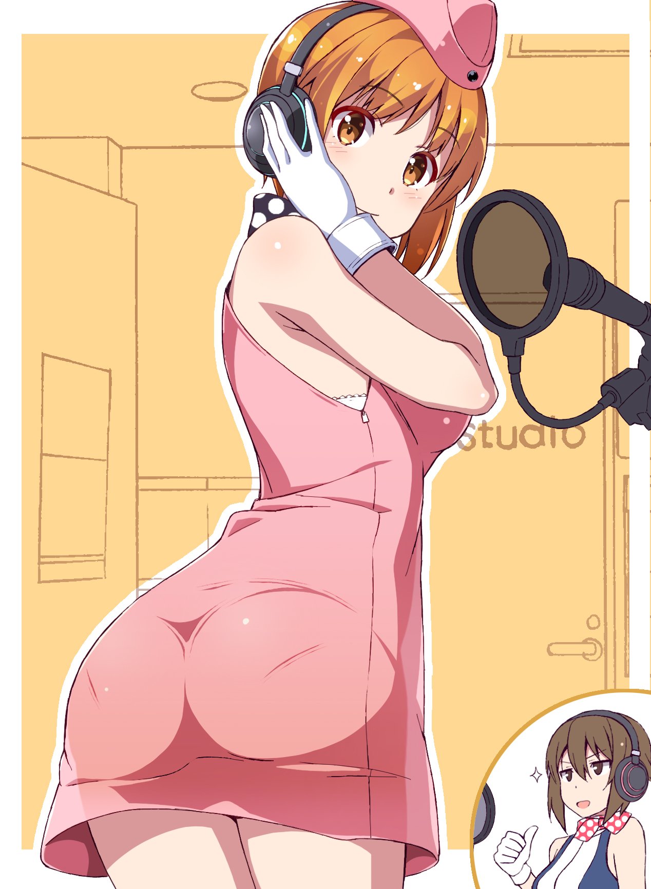 alternate_costume ascot ass bangs blue_dress closed_mouth commentary_request cowboy_shot dress eyebrows_visible_through_hair garrison_cap girls_und_panzer gloves hand_on_headphones hat headphones highres inset looking_at_viewer looking_back microphone multiple_girls nakamura_yukitoshi nishizumi_maho nishizumi_miho open_mouth pantylines pink_dress pink_hat polka_dot_neckwear red_neckwear short_dress short_hair siblings sisters sleeveless sleeveless_dress smile sparkle standing stewardess thumbs_up v-shaped_eyebrows white_gloves