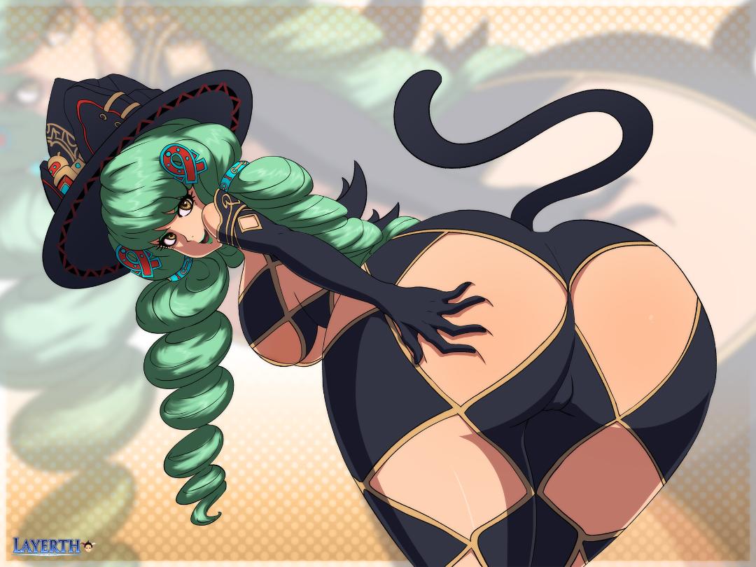 1girl ass ass_grab breasts come_hither deep_skin drill_hair elbow_gloves fiore_brunelli from_behind gloves green_hair hanging_breasts hat huge_ass large_breasts layerth leaning leaning_forward long_hair looking_at_viewer open_mouth revealing_clothes shiny shiny_hair shiny_skin sideboob skin_tight smile solo star_ocean star_ocean_integrity_and_faithlessness tail witch_hat