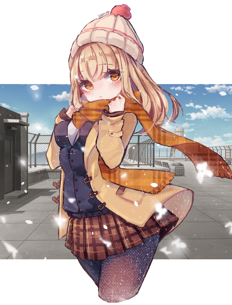 arms_up bangs beanie black_cardigan black_legwear blonde_hair blush cloud commentary_request commission cropped_legs cut-in eyebrows_visible_through_hair hat highres korean_commentary long_sleeves looking_at_viewer medium_hair orange_scarf outdoors pantyhose plaid plaid_skirt rooftop scarf school_uniform shirt skirt sky snowflakes solo soul_worker white_shirt winter yellow_coat yellow_eyes yomi_yojo
