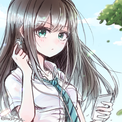 aqua_eyes bangs bare_arms blue_neckwear blue_sky breasts brown_hair cellphone closed_mouth collared_shirt day earbuds earphones eyebrows_visible_through_hair holding holding_phone idolmaster idolmaster_cinderella_girls lowres medium_breasts necktie onyang outdoors phone shibuya_rin shirt sky smartphone solo straight_hair striped striped_neckwear upper_body white_shirt