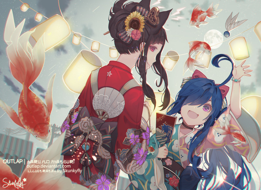 ahoge animal_ears arm_up black_hair blue_hair bow bracelet fan festival fish hair_bow hair_ornament hair_over_one_eye hair_up japanese_clothes jewelry kimono koi lantern long_hair looking_at_viewer looking_back multiple_girls original pink_eyes purple_eyes skunkyfly sky smile upper_body waving yukata