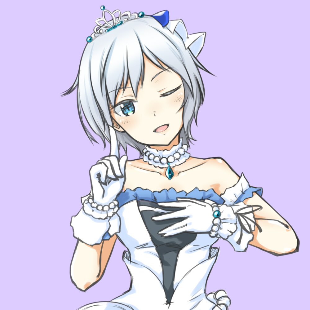 ;d anastasia_(idolmaster) arm_strap blue_eyes bracelet choker collarbone diadem gloves head_tilt idolmaster idolmaster_cinderella_girls idolmaster_cinderella_girls_starlight_stage jewelry looking_at_viewer one_eye_closed open_mouth purple_background riruhasu_(sesu_n) short_hair silver_hair simple_background sleeveless smile solo starry_sky_bright striped upper_body white_gloves