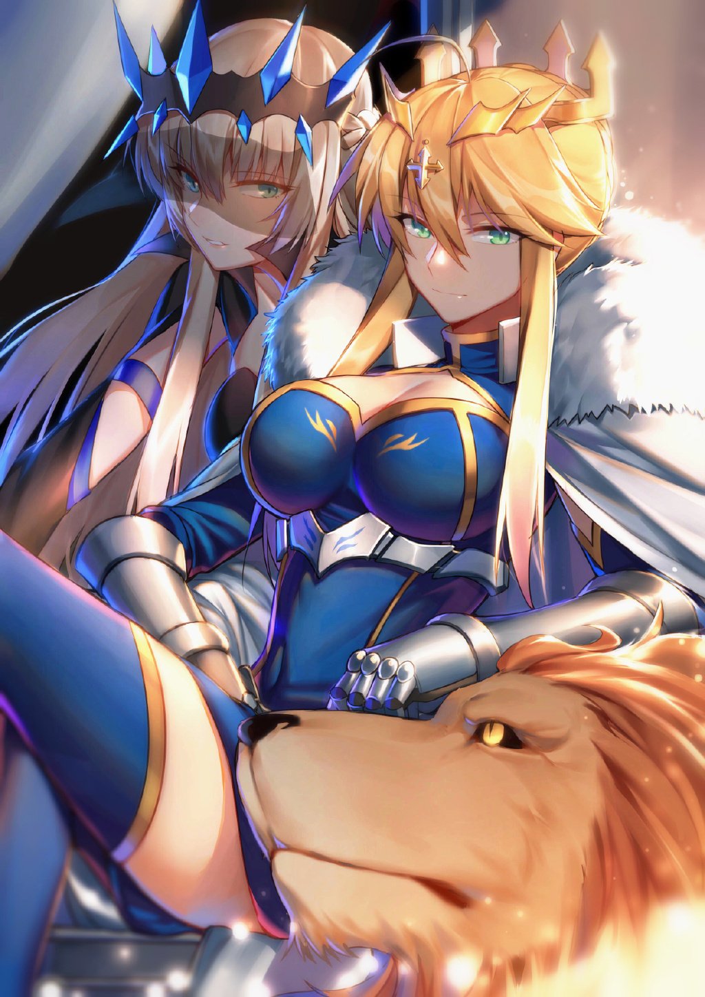 armor artoria_pendragon_(all) artoria_pendragon_(lancer) bangs blonde_hair blue_legwear braid breasts cape cleavage closed_mouth commentary_request crossed_legs eyebrows_visible_through_hair fate/grand_order fate_(series) french_braid fur-trimmed_cape fur_trim gauntlets gold_trim hair_between_eyes highres large_breasts lion looking_at_viewer morgan_le_fay_(fate) multiple_girls parted_lips sidelocks sitting thighhighs thighs yellow_eyes yorukun