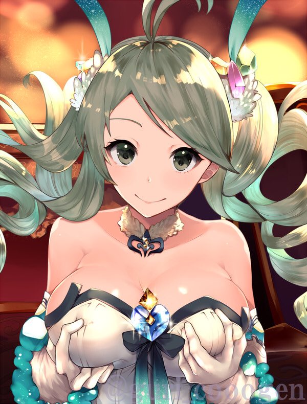 antenna_hair bad_id bad_twitter_id bangs bare_shoulders breasts cleavage commentary_request de_la_fille detached_collar dress drill_hair elbow_gloves gem gloves granblue_fantasy green_eyes green_hair guri1105 hair_ornament jewelry large_breasts long_hair looking_at_viewer self_fondle shiny shiny_skin smile solo strapless strapless_dress swept_bangs tied_hair twin_drills twintails twitter_username upper_body watermark white_dress white_gloves