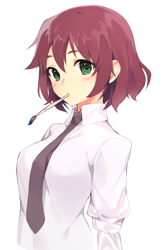 blush breasts brown_hair collar collared_shirt green_eyes katawa_shoujo looking_at_viewer necktie paintbrush red_neckwear runastark shirt short_hair tezuka_rin upper_body white_shirt