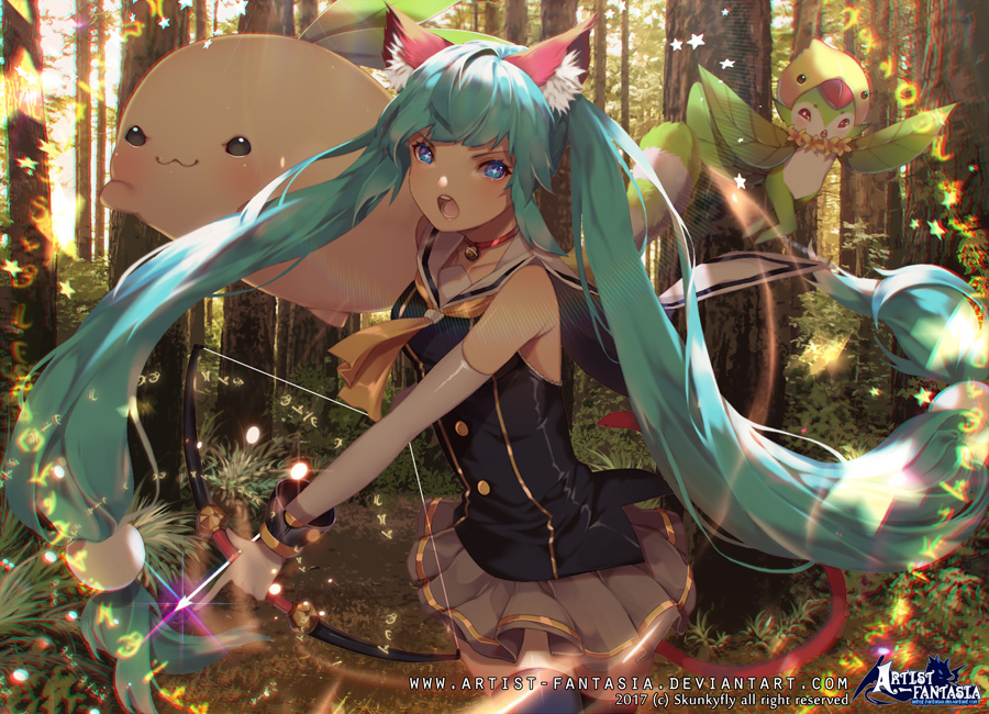 bangs bare_shoulders bell blue_eyes blue_hair bow_(weapon) choker fairy forest gloves looking_at_viewer nature open_mouth original sailor_collar skirt skunkyfly tail twintails upper_body weapon
