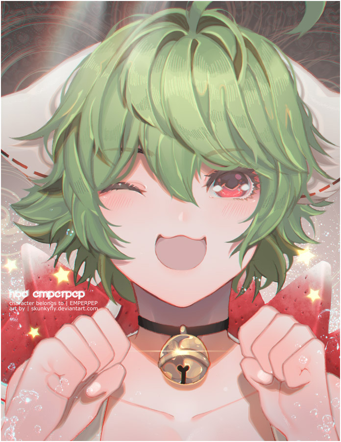 bell bell_collar choker clenched_hands collar collarbone green_hair one_eye_closed open_mouth original pink_eyes portrait red_eyes short_hair skunkyfly smile upper_body