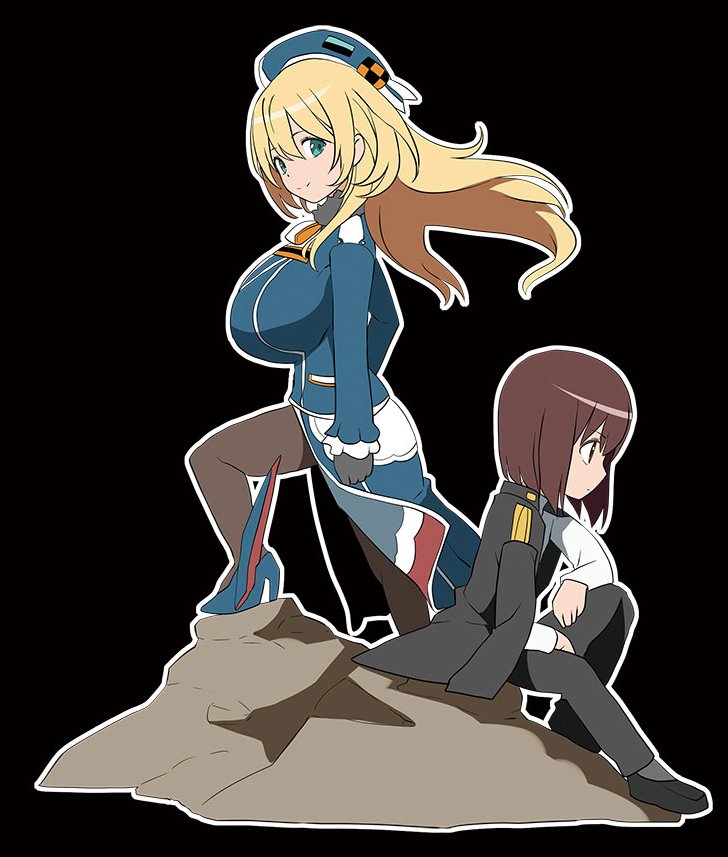 1girl arm_rest atago_(kantai_collection) beret blonde_hair breasts brown_eyes brown_hair green_eyes gundam gundam_wing hat high_heels jacket_on_shoulders kantai_collection kloah large_breasts little_boy_admiral_(kantai_collection) long_hair outline pantyhose parody profile rock sitting smile