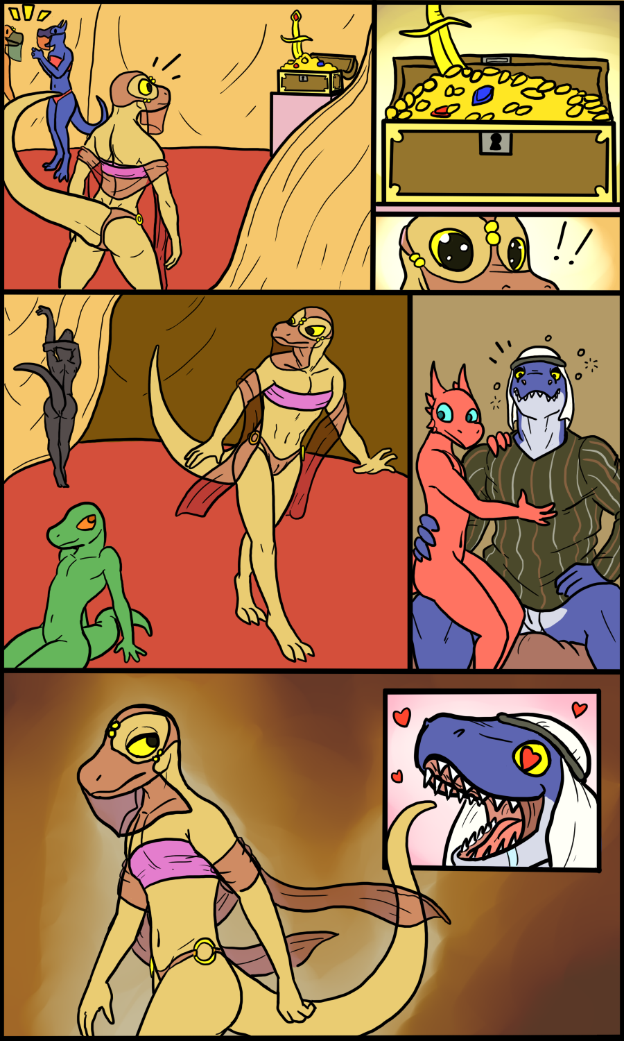 60percentscalie anthro big_dom_small_sub claws clothing comic desert digital_media_(artwork) dinosaur disguise kobold lizard male male/male nude oasis panties reptile scalie size_difference slit tent thief trap_(disambiguation) treasure underwear yellow_eyes