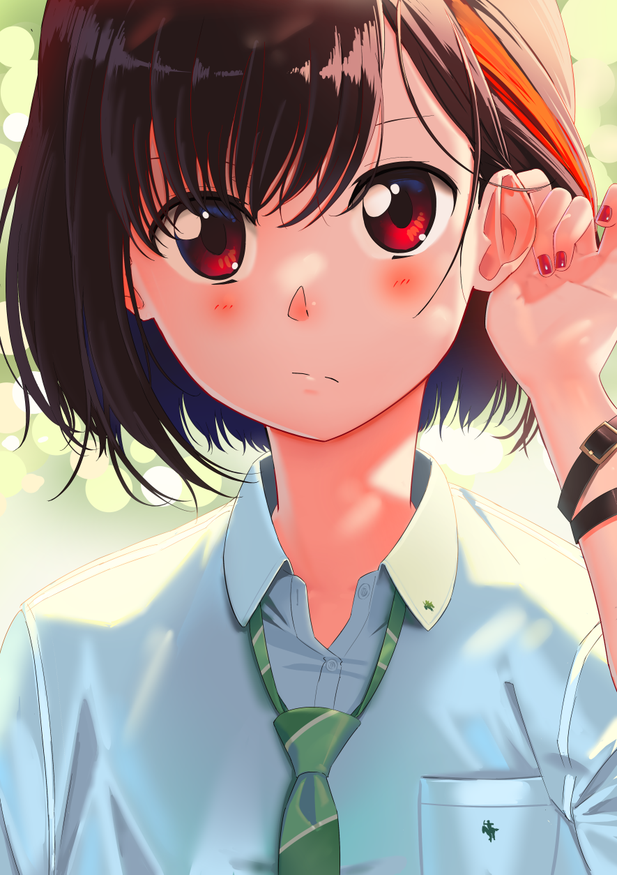 bang_dream! bangs black_hair blurry bokeh bracelet breast_pocket collared_shirt commentary_request depth_of_field green_neckwear hair_tucking highres jewelry light_frown looking_at_viewer mitake_ran multicolored_hair nail_polish necktie pocket poligon_(046) polo_shirt red_eyes red_hair red_nails shirt short_hair short_sleeves solo streaked_hair striped striped_neckwear upper_body white_shirt