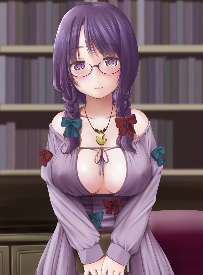 adapted_costume alternate_hairstyle bangs bare_shoulders bespectacled blurry book bookshelf bow braid breasts cleavage cleavage_cutout collarbone commentary_request covered_nipples crescent crescent_necklace depth_of_field glasses hair_bow holding holding_book jewelry kozue_akari large_breasts library long_hair looking_at_viewer necklace patchouli_knowledge pendant purple_eyes purple_hair semi-rimless_eyewear smile solo touhou twin_braids under-rim_eyewear