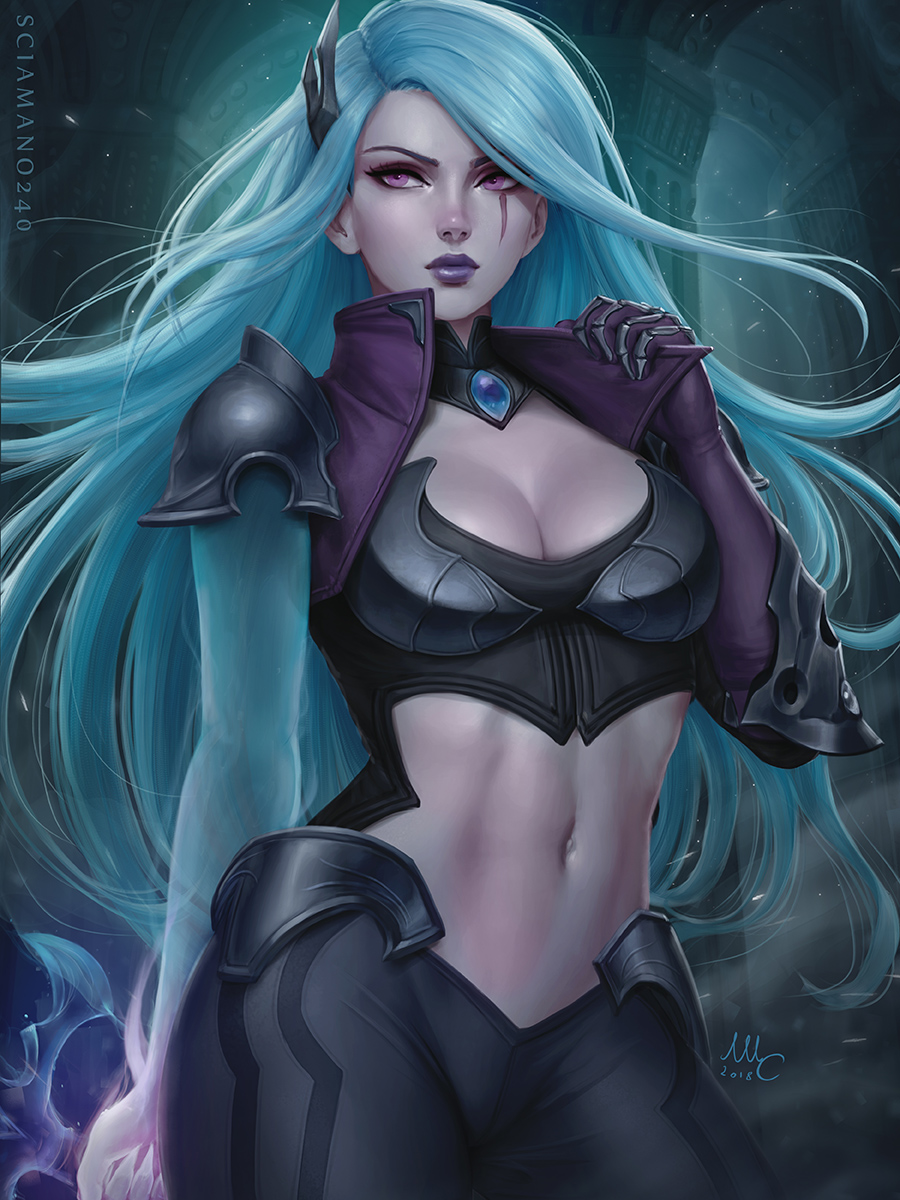 2018 alternate_costume arm_at_side artist_name black_pants blue_hair breasts cleavage closed_mouth collarbone column commentary cowboy_shot death_sworn_katarina english_commentary faulds floating_hair gem gloves glowing glowing_hand hand_up high_collar highres holding holding_weapon katarina_du_couteau league_of_legends lips long_hair looking_away medium_breasts navel nose pale_skin pants pillar pink_eyes purple_gloves purple_lips realistic scar scar_across_eye sciamano240 see-through shoulder_armor signature single_glove solo spaulders standing tight tight_pants very_long_hair weapon