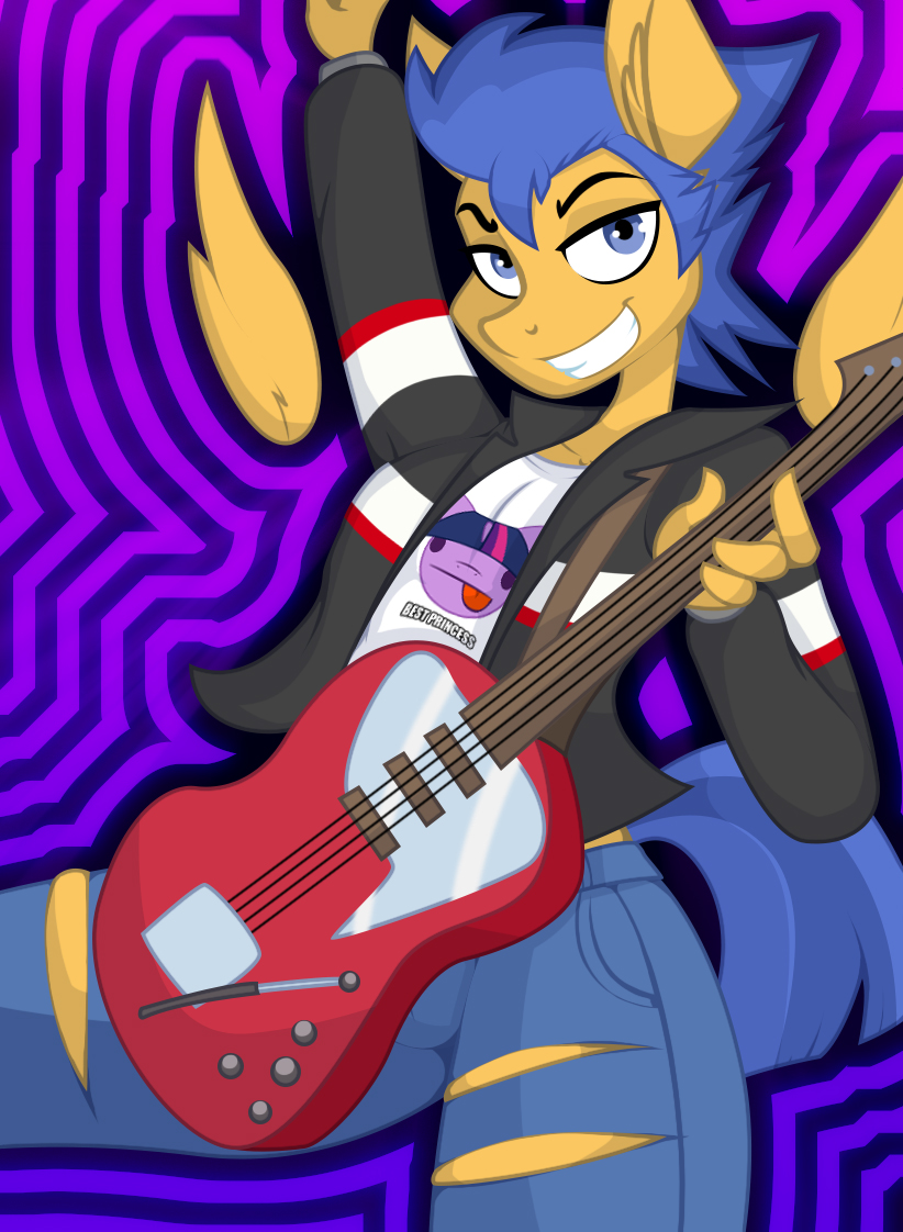 2018 anthro anthrofied blue_eyes blue_hair clothing equine female flash_sentry_(mlp) friendship_is_magic guitar hair jrvanesbroek mammal musical_instrument my_little_pony pegasus pose smile solo torn_clothing twilight_sparkle_(mlp) wings