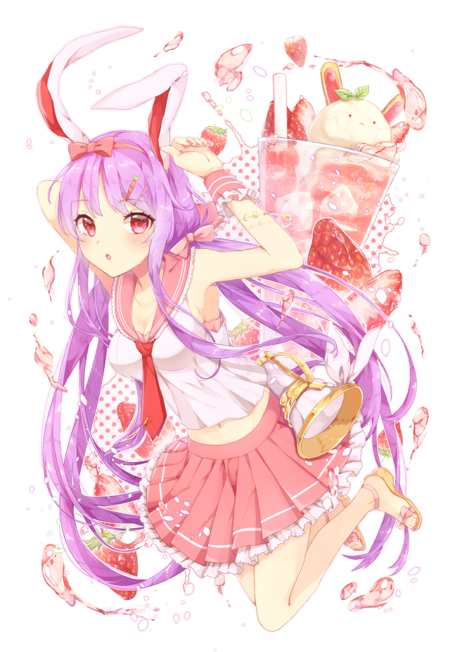 :o alternate_costume animal_ears armpits arms_up bare_arms bare_shoulders blush bow breasts bunny_ears cleavage collarbone commentary_request cup drinking_glass drinking_straw eyebrows_visible_through_hair food fruit full_body hair_bow hair_ornament hairclip jumping konnyaku_(yuukachan_51) long_hair looking_at_viewer lunatic_gun medium_breasts midriff miniskirt nail_polish navel necktie parted_lips petticoat pink_bow pink_nails pink_skirt pleated_skirt purple_hair red_eyes red_neckwear reisen_udongein_inaba ribbon sailor_collar sandals shirt simple_background skirt sleeveless sleeveless_shirt solo strawberry touhou very_long_hair white_background white_ribbon white_shirt wrist_cuffs