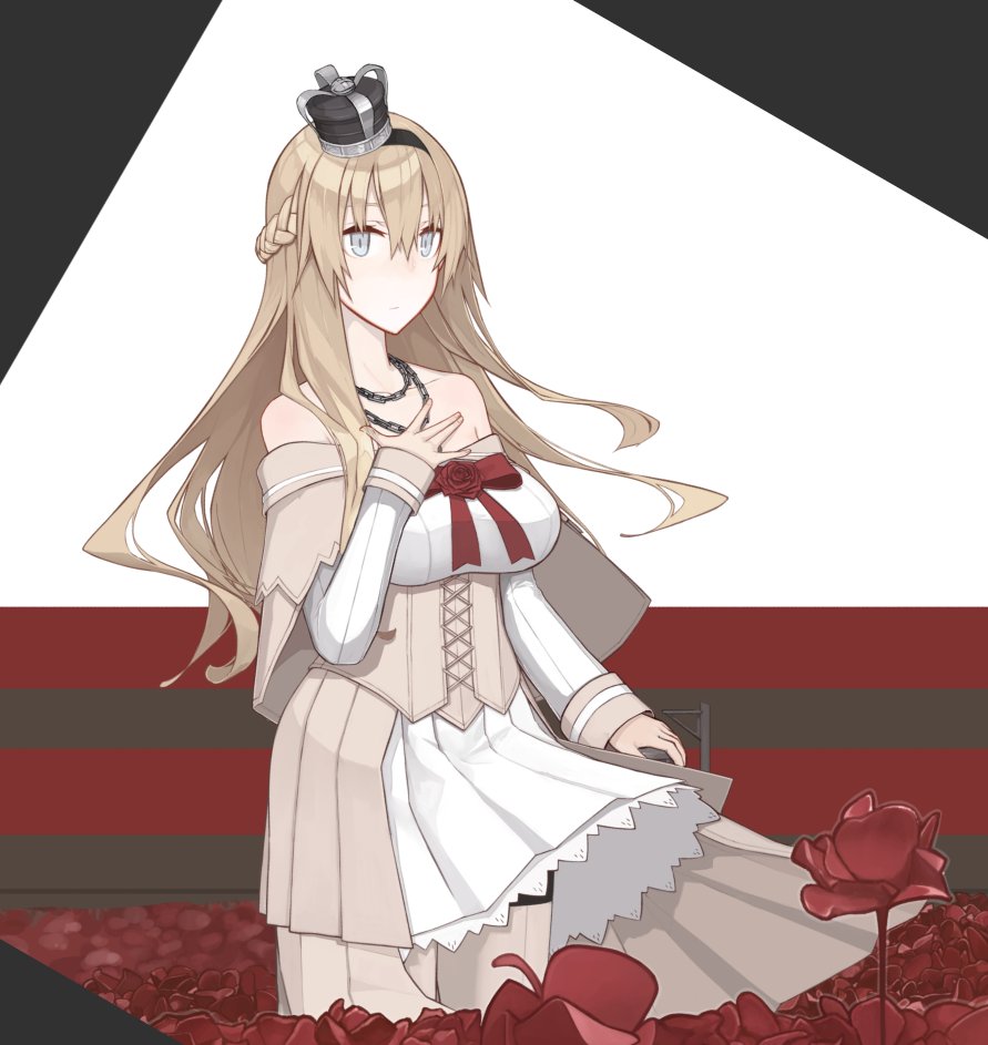 bad_id bad_twitter_id blonde_hair blue_eyes braid breasts corset cowboy_shot crown dress flower french_braid hand_on_own_chest kantai_collection large_breasts long_hair long_sleeves looking_at_viewer mikoto_(oi_plus) mini_crown off-shoulder_dress off_shoulder red_flower red_ribbon red_rose ribbon rose solo thighhighs warspite_(kantai_collection) white_dress white_legwear