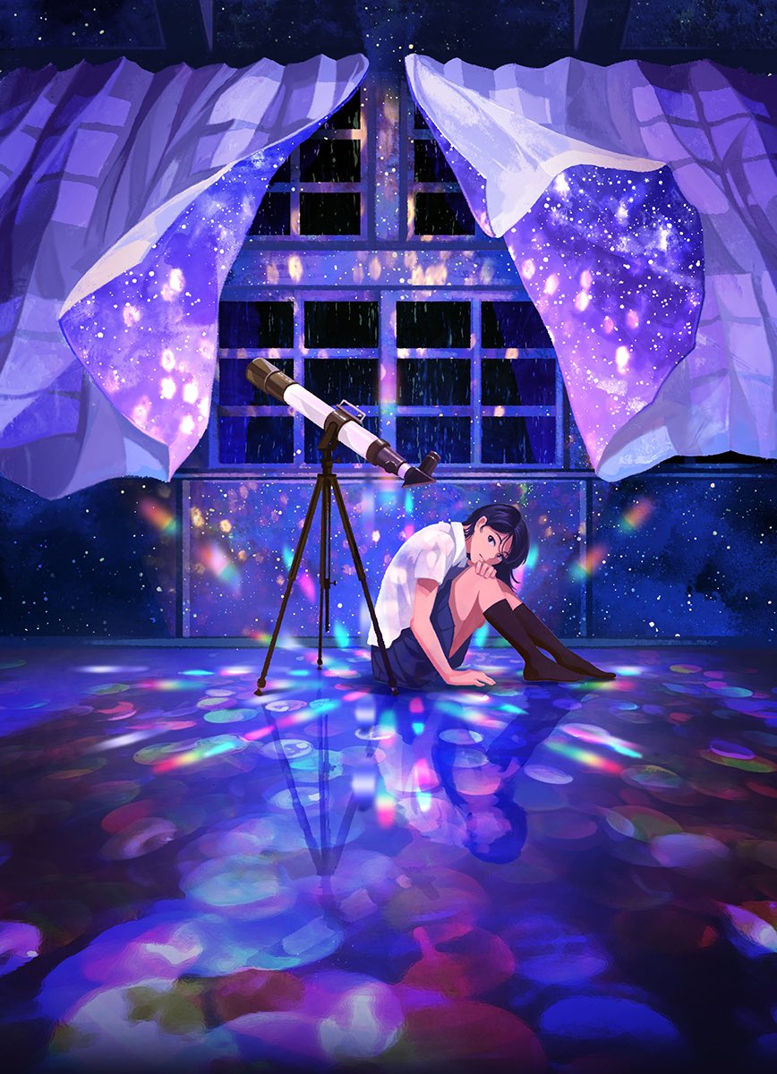 black_legwear blue_skirt collared_shirt commentary_request curtains gemi highres kaleidoscope looking_at_viewer looking_to_the_side original pleated_skirt purple_hair shirt short_sleeves sitting skirt sky socks solo star_(sky) starry_sky telescope white_shirt window