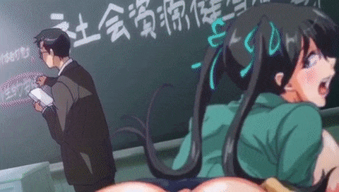 1boy 1girl animated animated_gif anus ass_grab black_hair breasts censored classroom drop_out hands_on_ass large_breasts licking long_hair nipples penis saliva school tongue tongue_out twintails vaginal