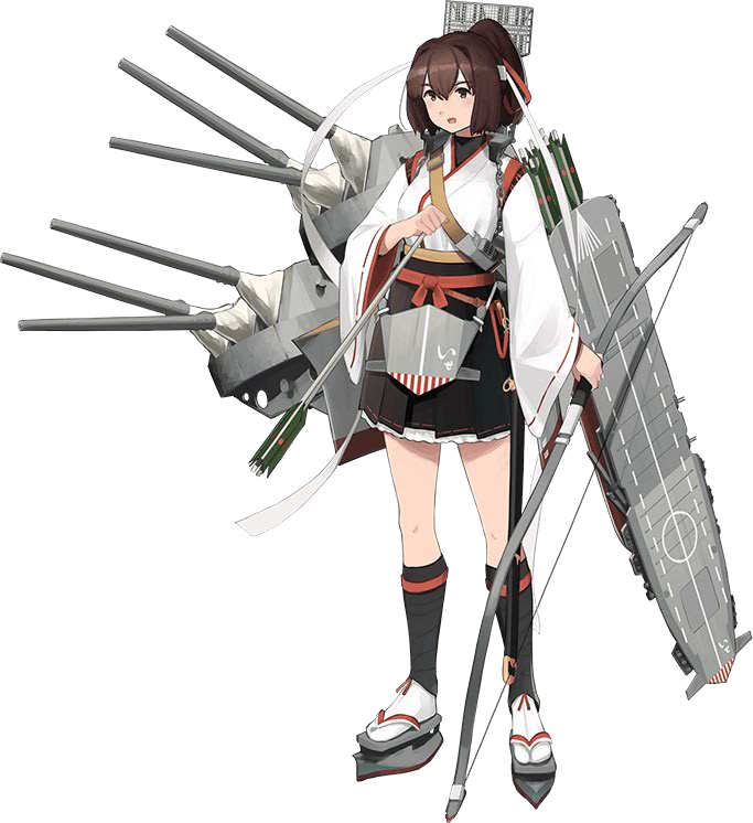 bodysuit bow_(weapon) brown_eyes brown_hair cannon flight_deck full_body hair_ribbon ise_(kantai_collection) japanese_clothes kantai_collection katana kneehighs machinery nontraditional_miko official_art ponytail remodel_(kantai_collection) ribbon rigging sandals sash shibafu_(glock23) short_hair skin_tight sword transparent_background turret weapon