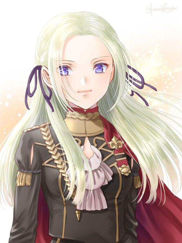 blonde_hair blue_eyes cape cravat edelgard_von_hresvelgr_(fire_emblem) fire_emblem fire_emblem:_fuukasetsugetsu gloves hair_ornament hanasaki_komugi long_hair looking_at_viewer simple_background smile solo uniform