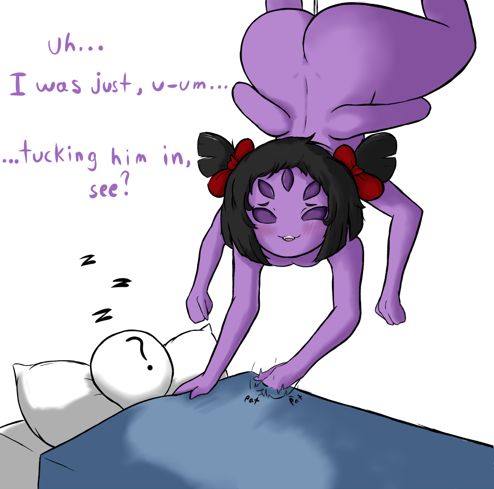 anthro arachnid arthropod bed blush butt duo embarrassed english_text female kierus looking_at_viewer male muffet multi_arm multi_limb nude smile spider text undertale video_games