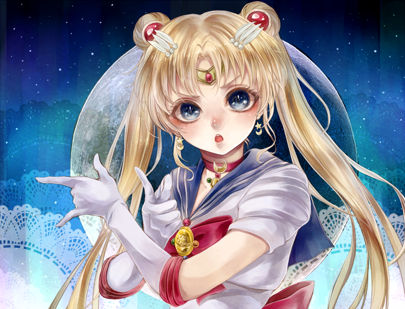 :o bangs bishoujo_senshi_sailor_moon bishoujo_senshi_sailor_moon_crystal blacksio blonde_hair blue_background blue_eyes blue_sailor_collar bow brooch choker circlet crescent crescent_choker crescent_earrings doily double_bun earrings elbow_gloves full_moon gloves gradient gradient_background hair_ornament hairclip jewelry long_hair moon open_mouth parted_bangs pose red_bow sailor_collar sailor_moon sailor_senshi_uniform short_sleeves solo tsuki_ni_kawatte_oshioki_yo tsukino_usagi twintails upper_body v-shaped_eyebrows very_long_hair white_gloves