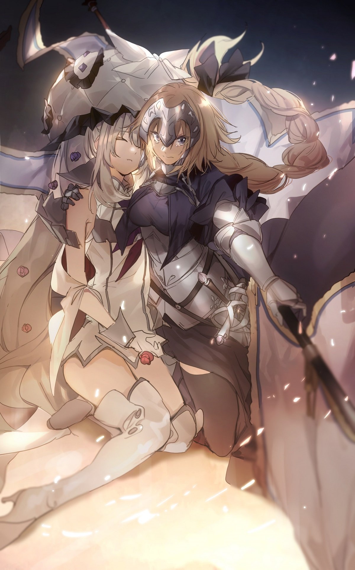 armored_dress blonde_hair blue_eyes braid capelet chain closed_eyes closed_mouth dress eyebrows_visible_through_hair fate/apocrypha fate/grand_order fate_(series) faulds flag fur_trim gauntlets gloves hat headpiece highres holding_another's_arm jeanne_d'arc_(fate) jeanne_d'arc_(fate)_(all) long_braid long_hair marie_antoinette_(fate/grand_order) no-kan outstretched_arm plackart protecting sheath sheathed silver_hair single_braid sleeveless sleeveless_dress standard_bearer sword tears thighhighs unconscious very_long_hair weapon
