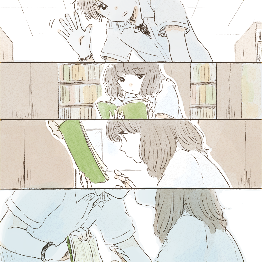 1girl 4koma backlighting bangs black_hair blunt_bangs book bookshelf closed_mouth collared_shirt comic couple dot_nose expressionless eyebrows_visible_through_hair from_below from_side hand_up hands_up hetero indoors itunohika kiss library looking_down medium_hair motion_lines open_book open_hand original outline parted_lips pov profile reading school_uniform shirt short_sleeves silent_comic tareme upper_body waving wavy_hair white_shirt wing_collar wristband