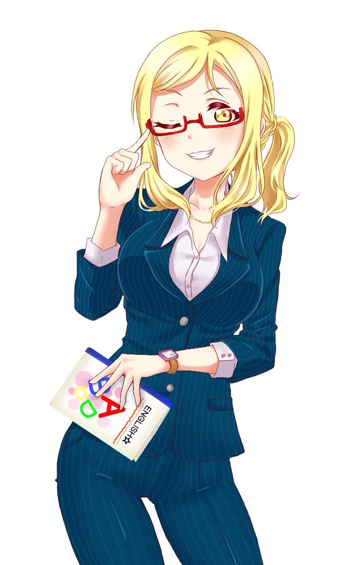 adjusting_hair alternate_hairstyle blonde_hair blue_suit book breasts cowboy_shot formal glasses grin holding holding_book long_sleeves love_live! love_live!_sunshine!! matsumoto_(starbright_mary) ohara_mari pants pinstripe_suit ponytail red-framed_eyewear semi-rimless_eyewear sidelocks simple_background smile solo striped suit teacher tight tight_pants under-rim_eyewear watch white_background wristwatch yellow_eyes