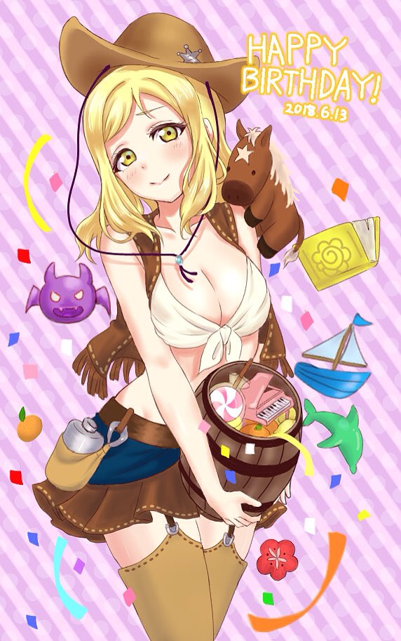 barrel boat book breasts brown_legwear brown_skirt brown_vest candy canteen cleavage confetti cowboy_hat cowboy_shot dated demon dolphin flower food fringe_trim front-tie_top fruit garter_straps green_eyes happy_birthday hat holding imp instrument looking_at_viewer love_live! love_live!_sunshine!! mandarin_orange matsumoto_(starbright_mary) medium_breasts medium_hair midriff mini_piano ohara_mari piano pouch red_flower skirt smile solo star_hat_ornament striped striped_background stuffed_horse thighhighs vertical-striped_background vertical_stripes vest watercraft western zettai_ryouiki
